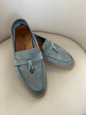 Loro Piana Light Blue Suede Tassel Loafers with Gold Hardware
